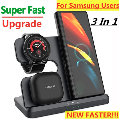 15W 3 in 1 Wireless Charger Stand - Fast Charging Dock for Samsung Z Fold 3, S21, S20, Galaxy Watch 5/4/3, Active 2, Buds