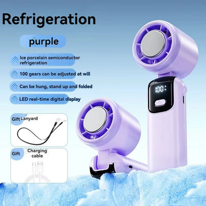 2025 Portable Hanging Ice Pack Neck Fan – High-Speed Folding Handheld Fan with 100-Speed Infinitely Adjustable Cooling for Outdoor Use