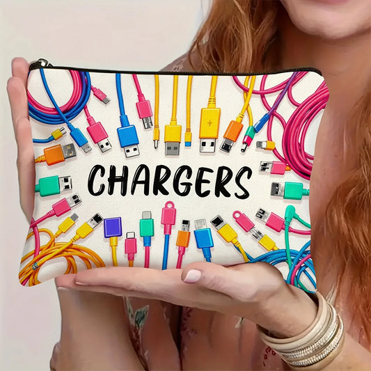 Colorful Cable & USB Storage Bag - Travel Organizer Zipper Pouch with "CHARGERS" Print