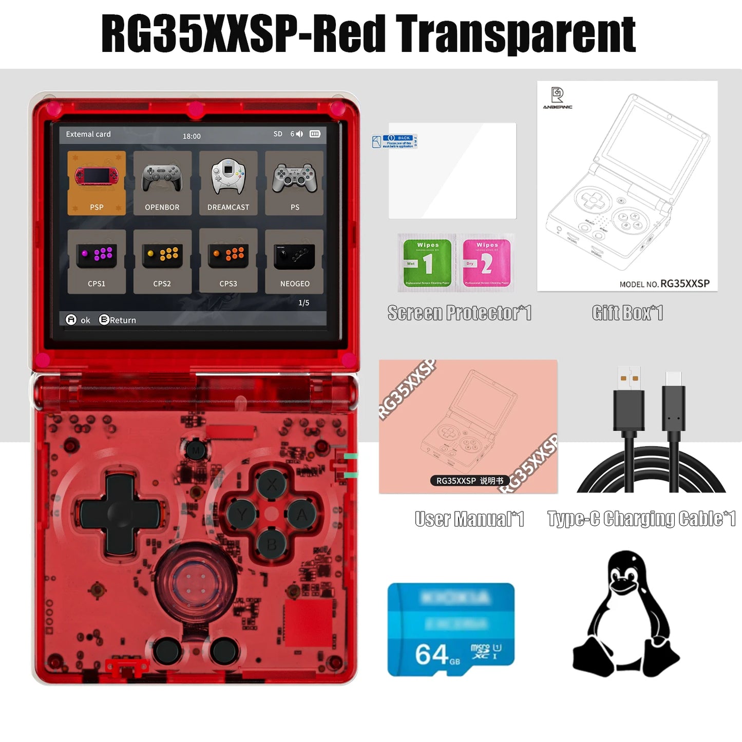 ANBERNIC RG35XXSP Flip Handheld Game Console – 3.5” IPS Display, 64GB, 64-Bit Linux, Online Play