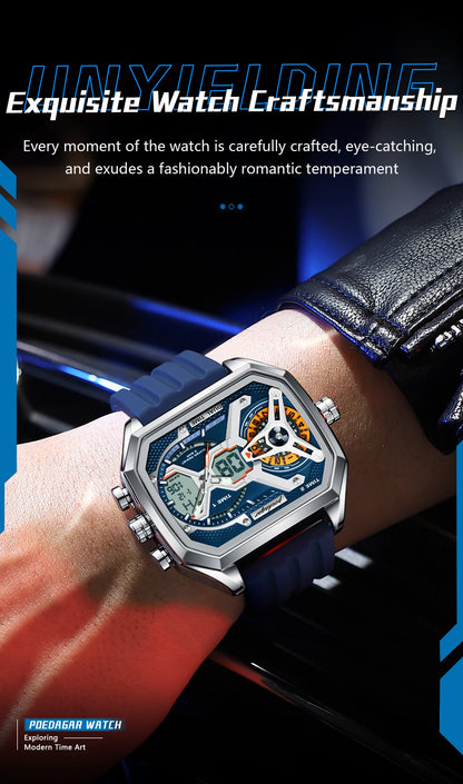 POEDAGAR Men's Luxury LED Wristwatch – Electronic Quartz Watch with Calendar, Week Display, Luminous Hands, and Silicone Strap