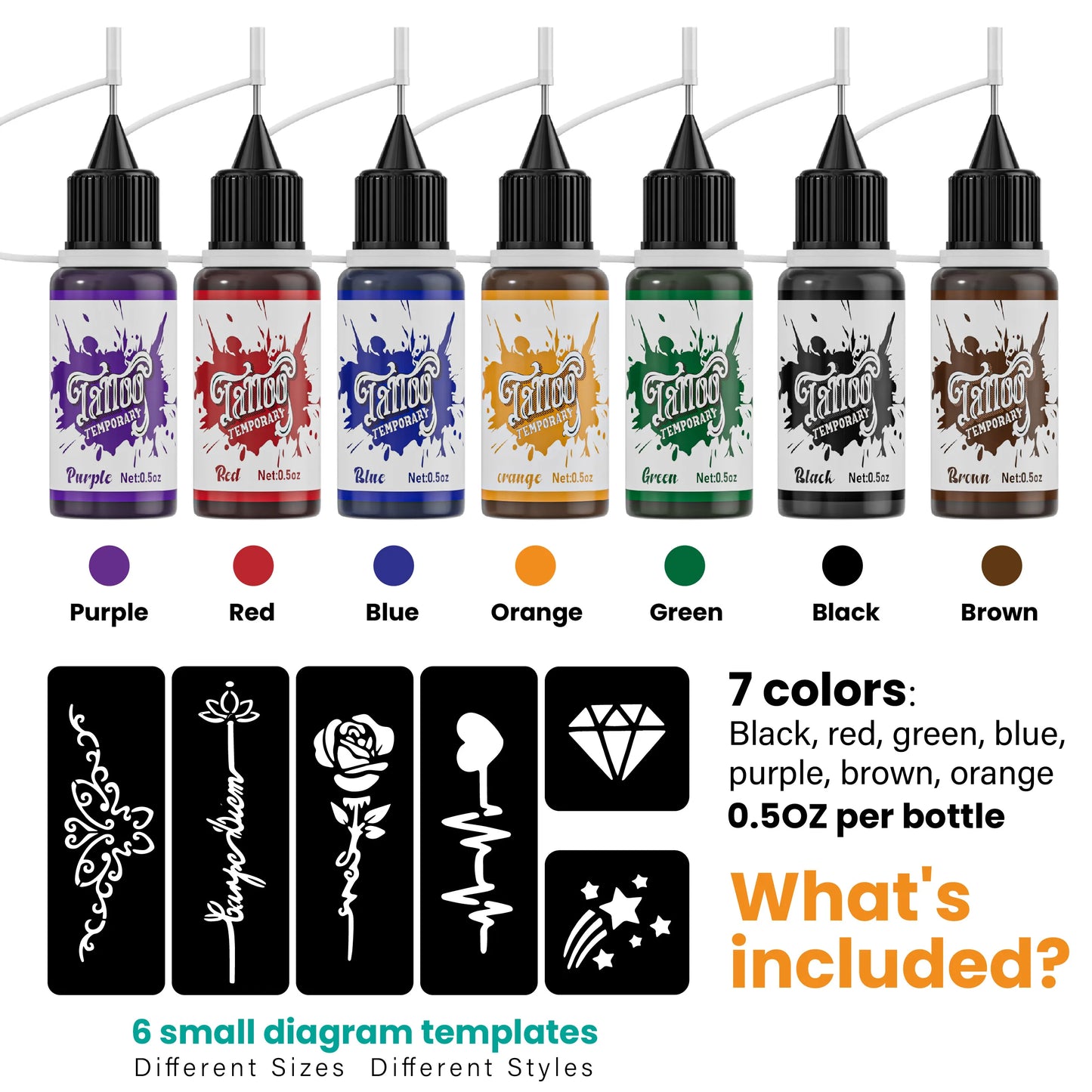 Temporary Tattoo Kit — 7 Mixed Color Pastes with 6 Stencil Designs, Easy-to-Use Henna Semi-Permanent Tattoo Set
