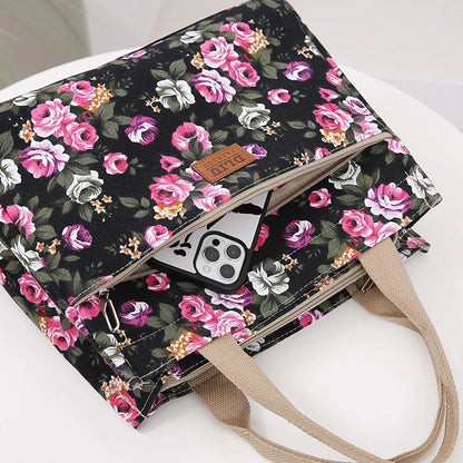 Women’s Floral Print Canvas Tote Bag – Portable Lunch Bag Casual Handbag Bento Mommy Bag for Picnic & Travel