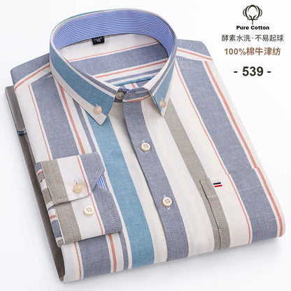 Men's 100% Cotton Oxford Plaid Shirt - Soft Regular Fit Long Sleeve Formal Dress Shirt with Pocket S-7XL