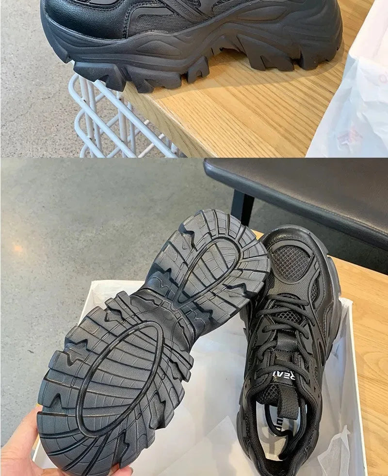 2024 Women's Fashion Platform Sport Shoes - Chunky Black Mesh Leather Casual Sneakers for Summer