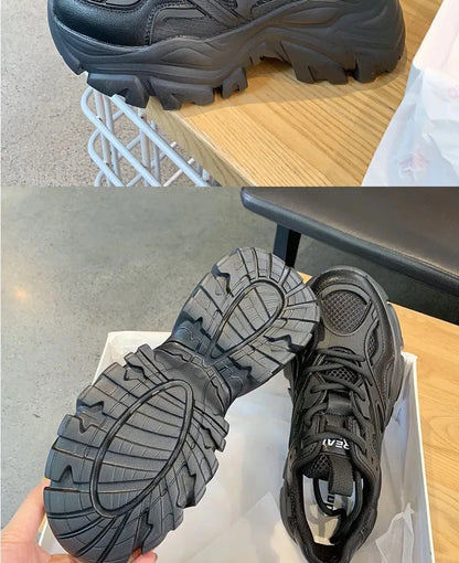 2024 Women's Fashion Platform Sport Shoes - Chunky Black Mesh Leather Casual Sneakers for Summer