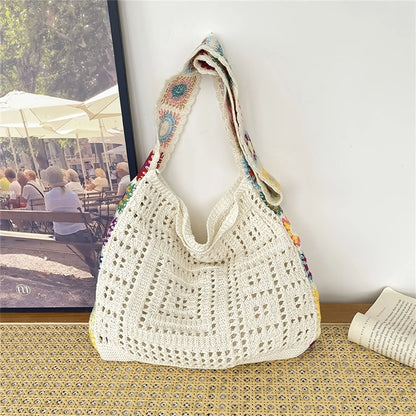 Women’s Boho Crochet Tote Bag – Floral Knitted Large Capacity Beach Shoulder Bag Summer Woven Shopper Handbag