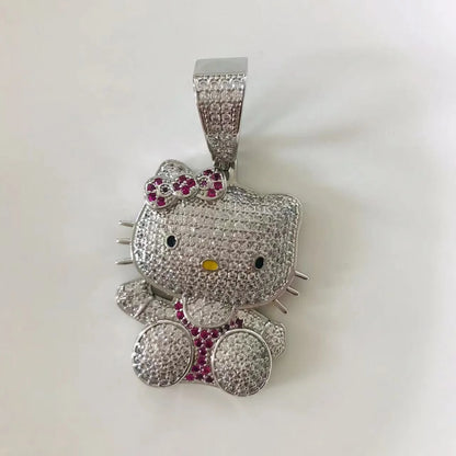 Kawaii Hello Kitty Necklace – Anime Sanrio Hip Hop Diamond Pendant with Cuba Chain, Cute Cartoon Jewelry Gift for Men & Women