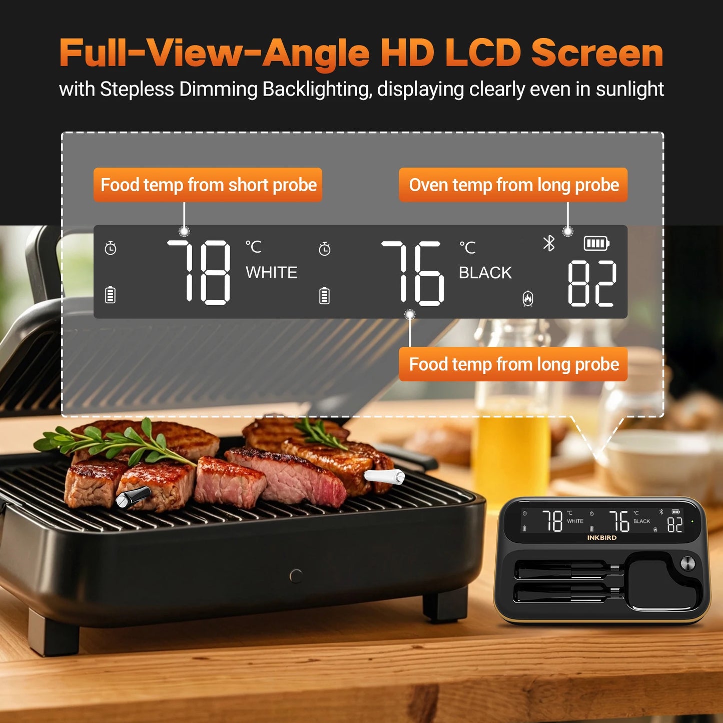 INKBIRD Dual-Mode Wireless Meat Thermometer – Long & Short Probe, Backlit LCD, IP67 Waterproof with BBQ Alarm