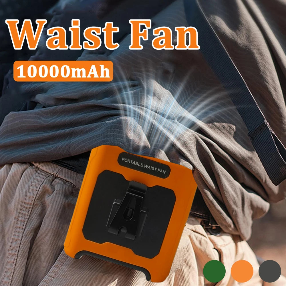 10000mAh Waist Clip Fan with Power Bank – Portable Hands-Free Rechargeable Fan | 5-Speed Cooling, Battery Display, USB Charging, Outdoor Wearable Fan