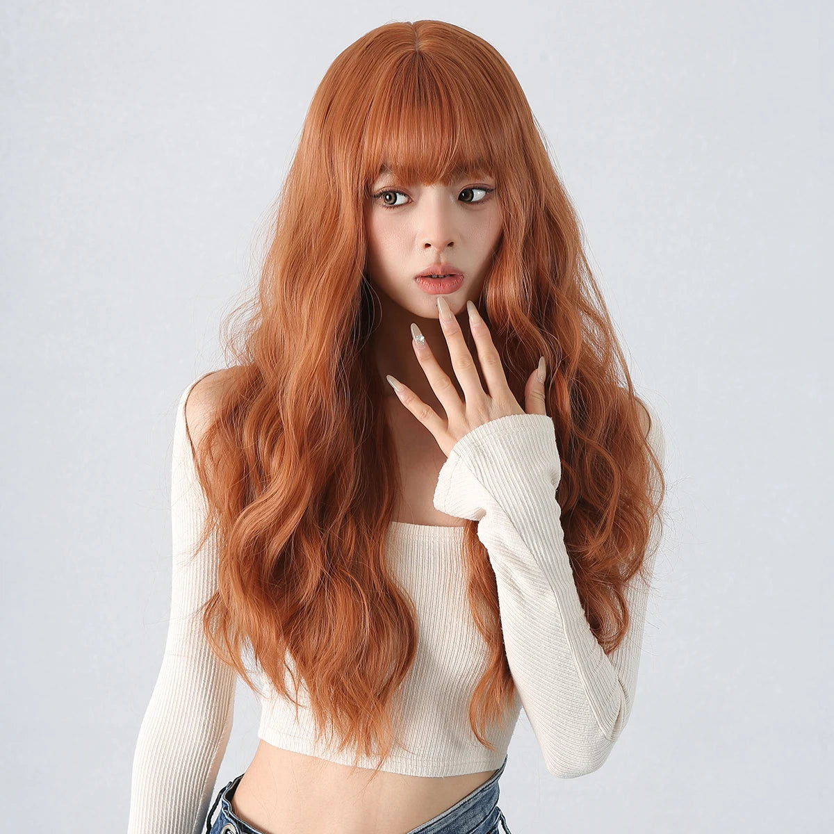 Copper Ginger Red Brown Synthetic Wig – Long Fluffy Wavy Wig with Bangs, Heat-Resistant Cosplay & Daily Wear Hair for Women