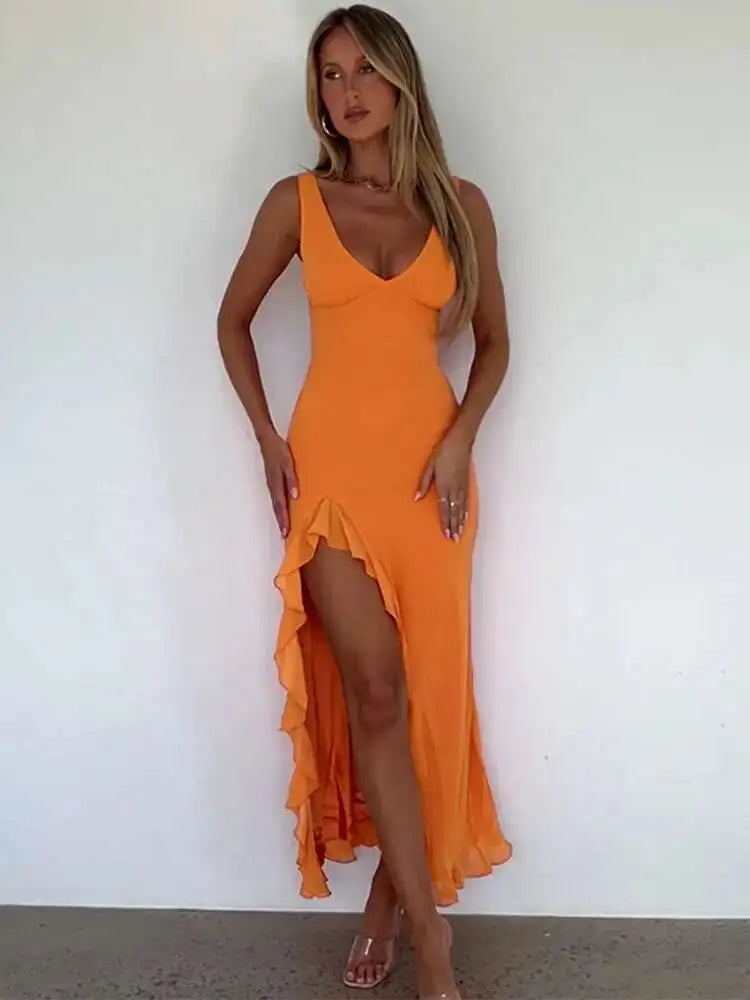 Avrilyaan Women’s Ruffle High Split Backless Midi Dress – Elegant Sexy Evening Party Summer Robe, Slim Fit Fashion Vestido 2024