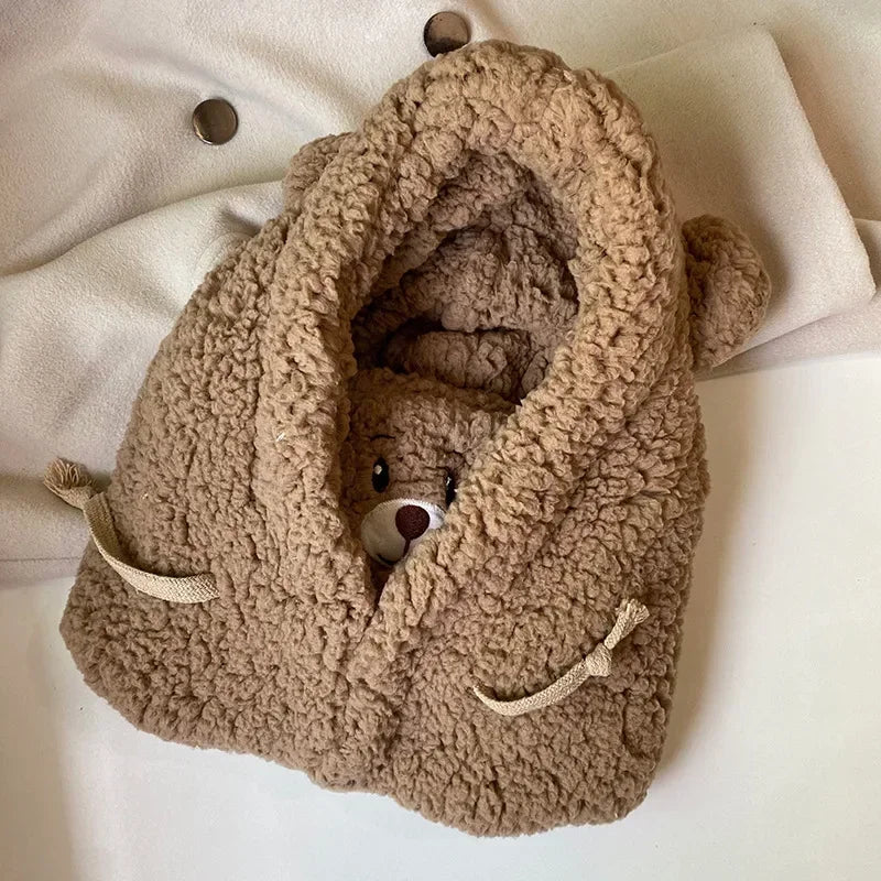 Cartoon Bear Ear Lamb Beanie Hat with Mask - Warm Balaclava Winter Skullies for Women & Girls