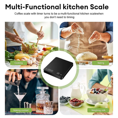 Digital Coffee Scale with Timer LED Screen - Espresso USB, 3kg Max Weighing, 0.1g High Precision Measures in Oz/ml/g, Kitchen Scale