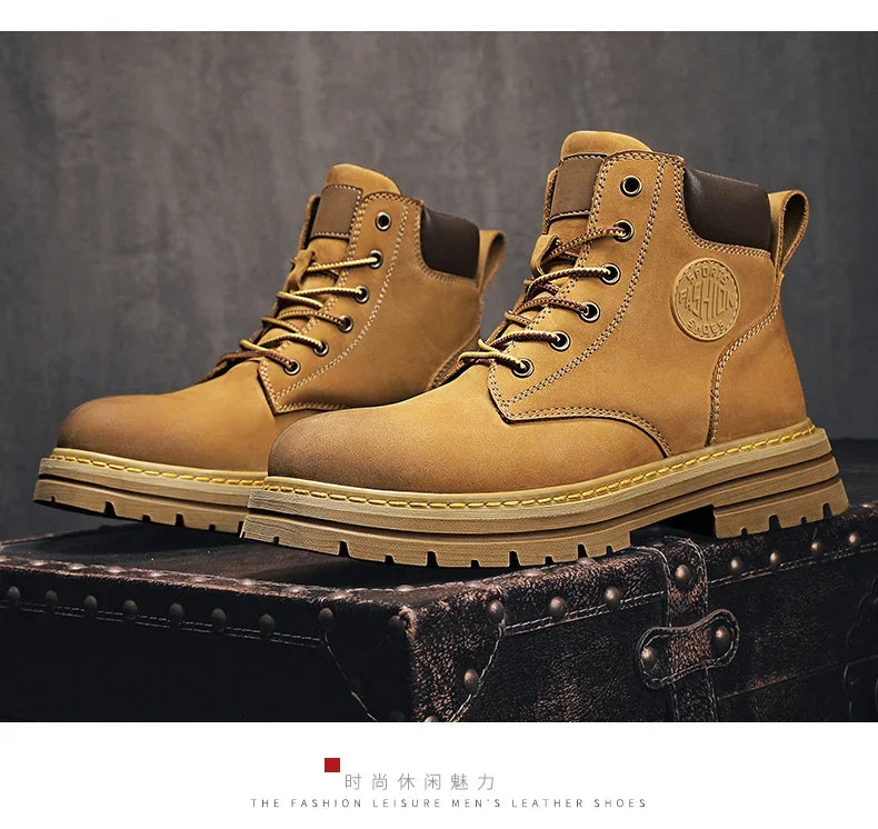 High Top Leather Boots for Men & Women – Fashion Lace-Up Outdoor Sneakers, Non-Slip Casual Ankle Shoes for Couples