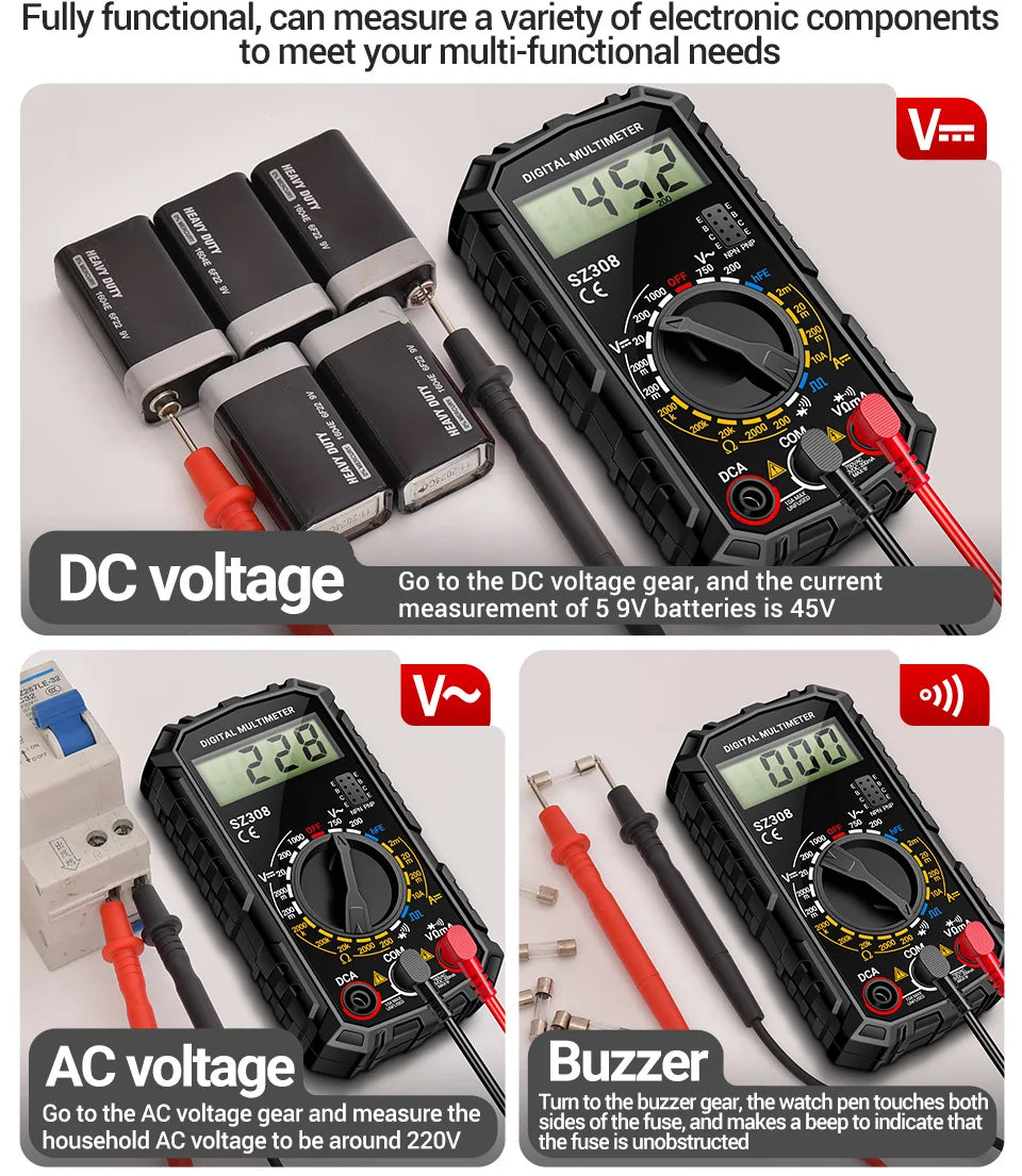 ANENG SZ308 Digital Multimeter – 1999 Count, High-Precision AC/DC Voltage, Current & Resistance Test Tool