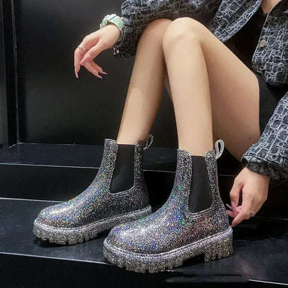 Women’s Shiny Color Fashion Rain Boots – Four-Season Waterproof Mid-Tube Ankle Outdoor Shoes
