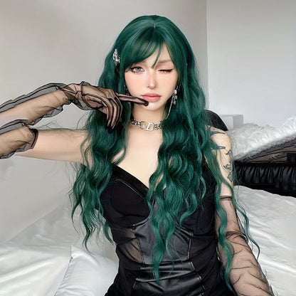 Light Green Long Wavy Synthetic Wig with Bangs – Blackish Green Cosplay & Lolita Style, Heat-Resistant for Women