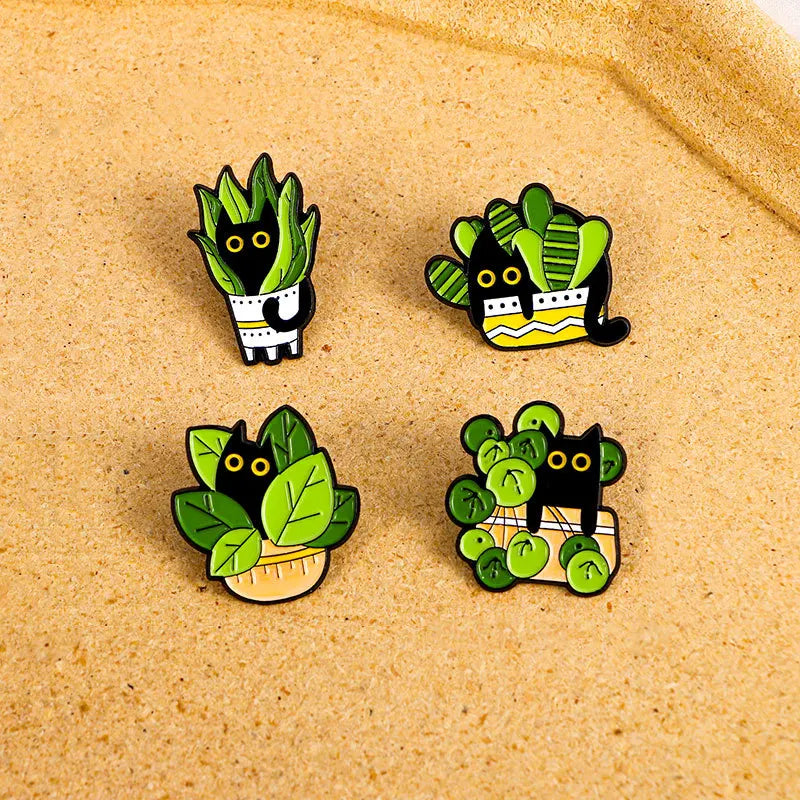 Black Cat in Plants Enamel Pins - Cute Potted Plant Animal Lapel Brooches for Backpacks, Kids and Gift Collectors