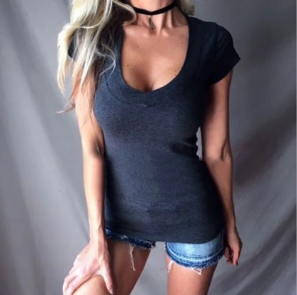 Women’s Summer Slim T-Shirt – Solid Color Deep V-Neck Sexy Short Sleeve Casual Top TXGL027