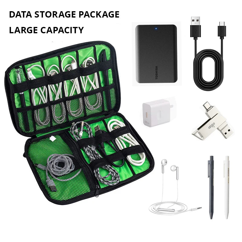 Black & Green Portable Storage Bag – Waterproof Electronic Accessory Organizer for USB Cables, Chargers & Travel