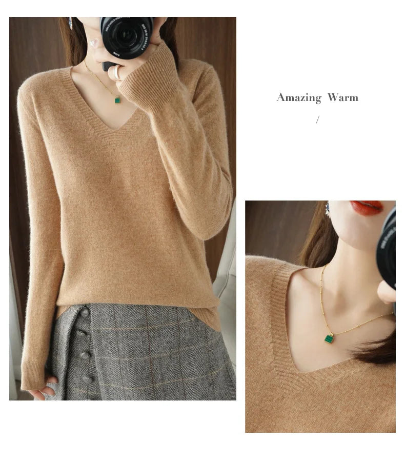 New Women’s Cashmere V-Neck Pullover – Lace Hollow Out Long Sleeve Knitted Sweater for Fall & Winter