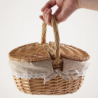 Handmade Wicker Picnic Basket with Handle – Multi-Purpose Willow Woven Storage Hamper for Outdoor Camping and Fruit