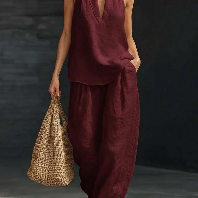 2026 Women’s Spring Retro Cotton Linen Set – Elegant V-Neck Sleeveless Top & Wide-Leg Trousers Summer Outfit