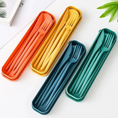 4-Piece Portable Utensils Set - Eco-Friendly Wheat Straw Cutlery - Reusable Chopsticks, Fork, Knife, Spoon
