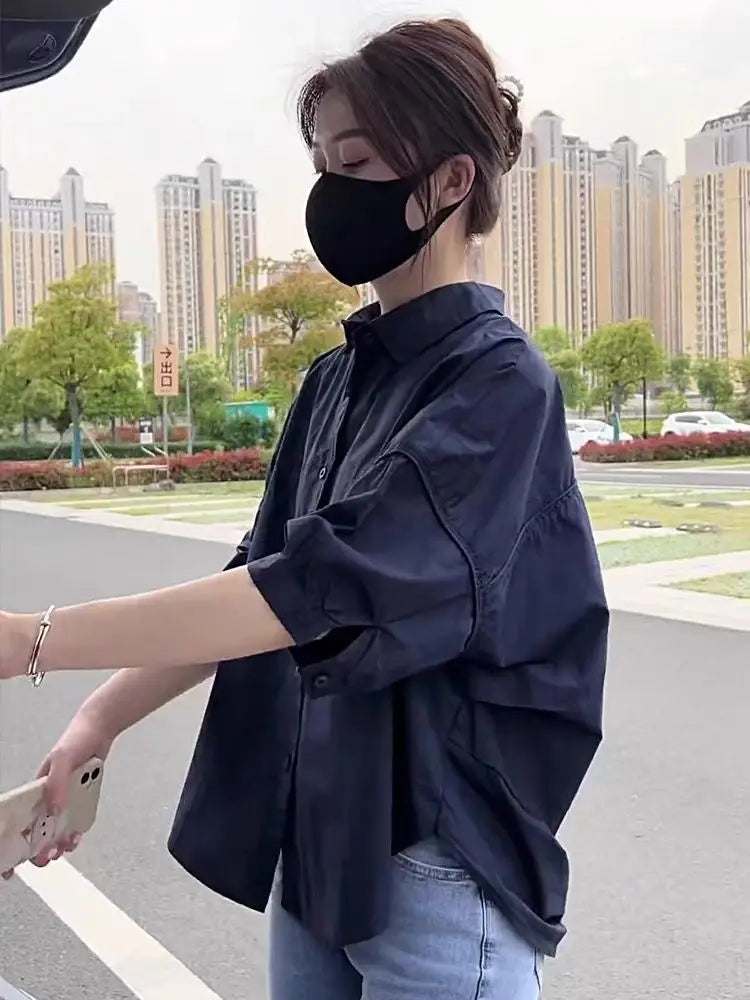 2025 Women’s Cotton Mid-Sleeve Loose Blouse – Casual Irregular Summer Shirt Korean Fashion