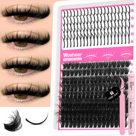 WOSHEER Lash Clusters Kit – Spiky Volume Individual Eyelash Extensions DIY Manga-Style Faux Mink Cluster Lashes