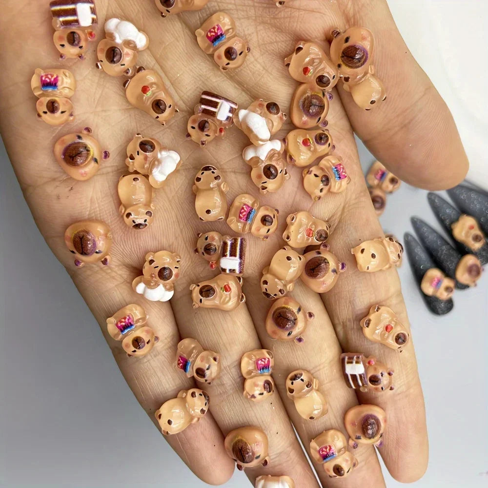 20/40/100/200-Piece Cute Cartoon Animal Nail Charms - 3D Transparent Capybara and Brown Bear Nail Art Decorations for DIY Manicures