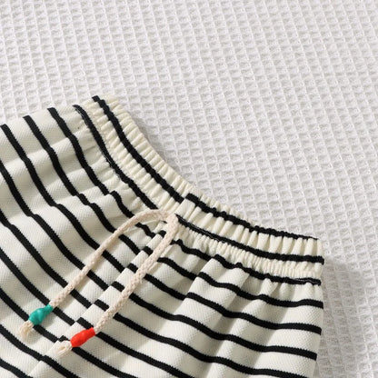 2PCS Kids Summer Outfit – Cotton Short Sleeve Tee & Shorts Set for Boys, Black & White Stripe