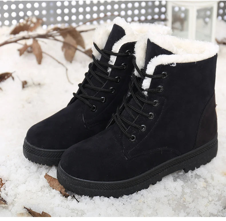 Women's Winter Fur Boots 2025 – Warm Ankle Snow Boots with Low Heels, Black Footwear for Women