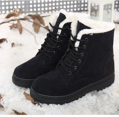 Women's Winter Fur Boots 2025 – Warm Ankle Snow Boots with Low Heels, Black Footwear for Women