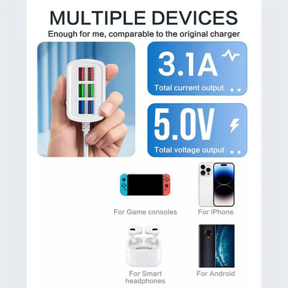 6-Port USB Charging Power Strip – Universal Fast Charger with EU/US Plug, Power Socket Extension Cable for Phones and Devices