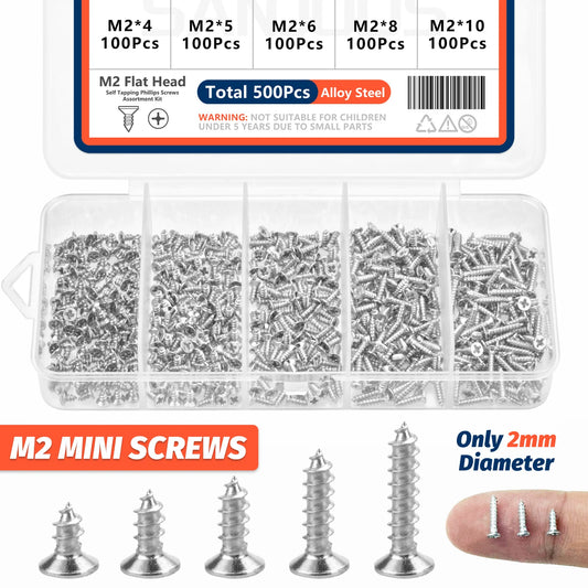 500pcs M2 Self Tapping Screws Kit - Mini Alloy Steel Phillips Flat Head Wood Screw Assortment Set for DIY Projects