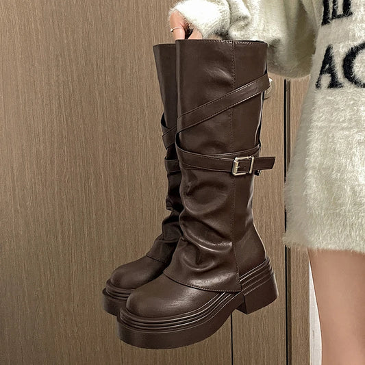 Vintage Thick Heel Women’s Knee-High Boots – Slip-On Fashion Booties for Autumn & Winter