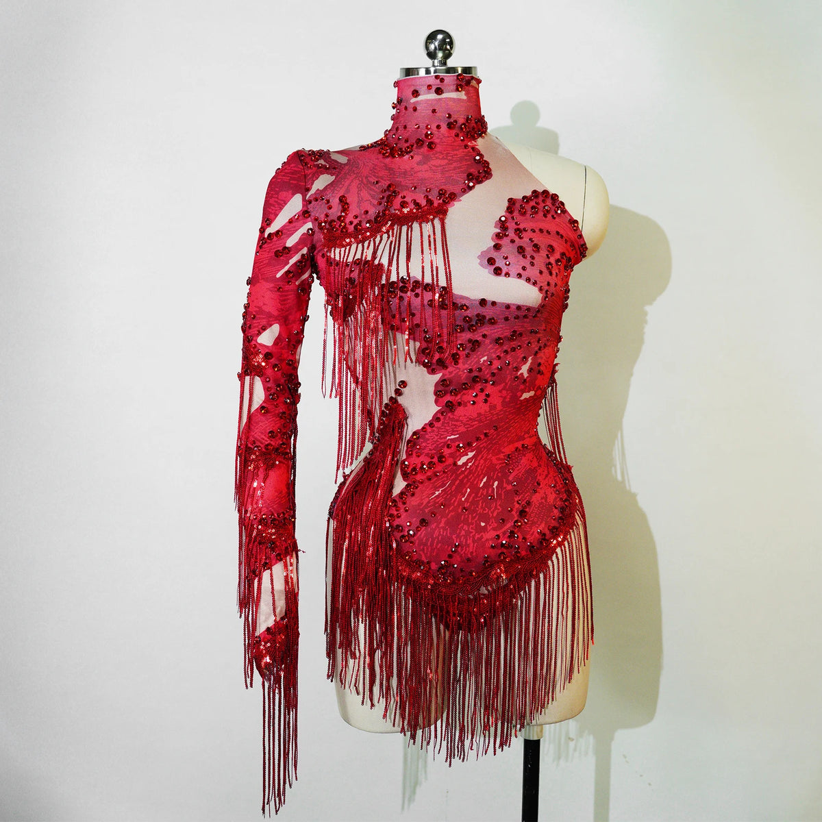 Sparkly Rhinestone Sequin One-Shoulder Bodysuit - Fringe Stage Party & Dance Performance Outfit