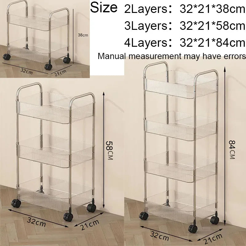 Mobile Shelf with Wheels - Multi-Layer Storage Rack Home Trolley, 2/3/4 Tiers Rolling Cart for Snacks, Cosmetics, and Sundries Organizer