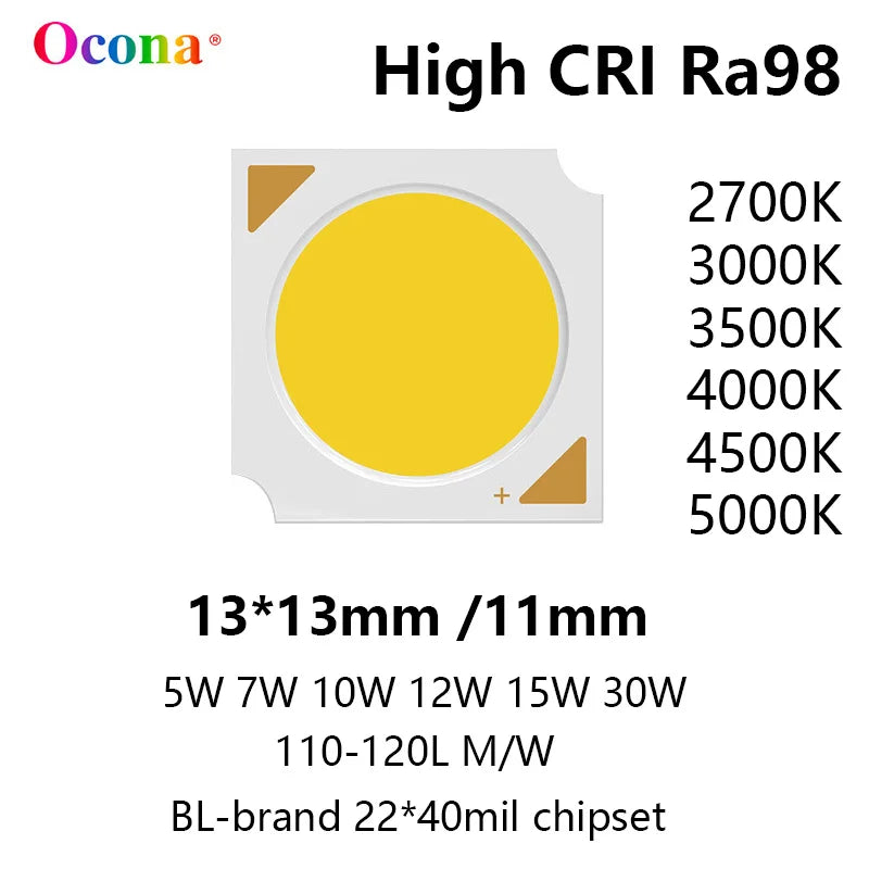 High CRI Ra98 COB LED Chip - 3W-30W Warm White Spotlight Downlight Lighting Module