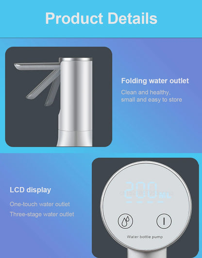 Electric Foldable Water Pump — Automatic Rechargeable Dispenser for 19L Gallon Bottles, Desktop Drinking Water Pump