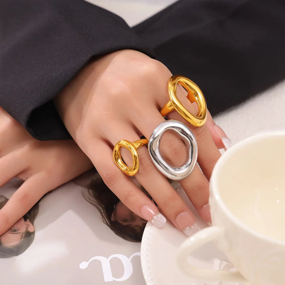 316L Stainless Steel Gold Plated Oval Ring – Large Luxury Waterproof Women’s Jewelry