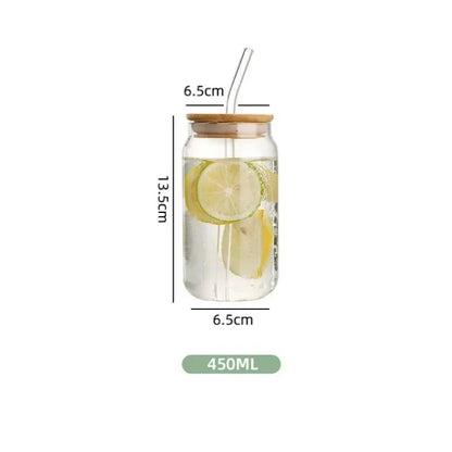 Borosilicate Glass Cup with Wooden Lid - 450ml/550ml Transparent Drink Cup with Straw for Juice & Water