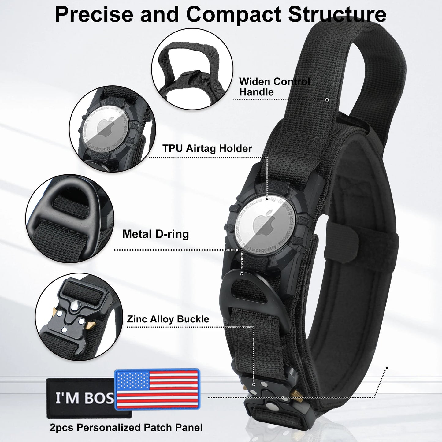 AirTag Tactical Dog Collar with Handle: Military-Grade Collar for Large and Medium Dogs - Features Metal Buckle for Extra Security