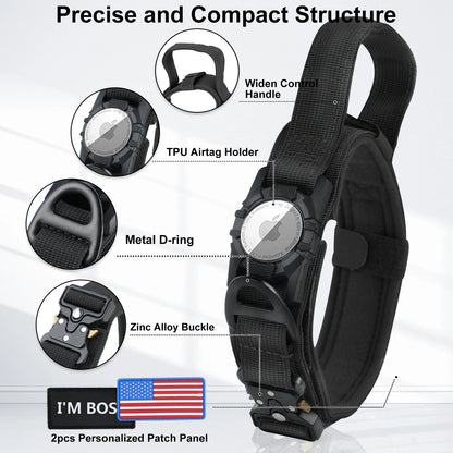 AirTag Tactical Dog Collar with Handle: Military-Grade Collar for Large and Medium Dogs - Features Metal Buckle for Extra Security
