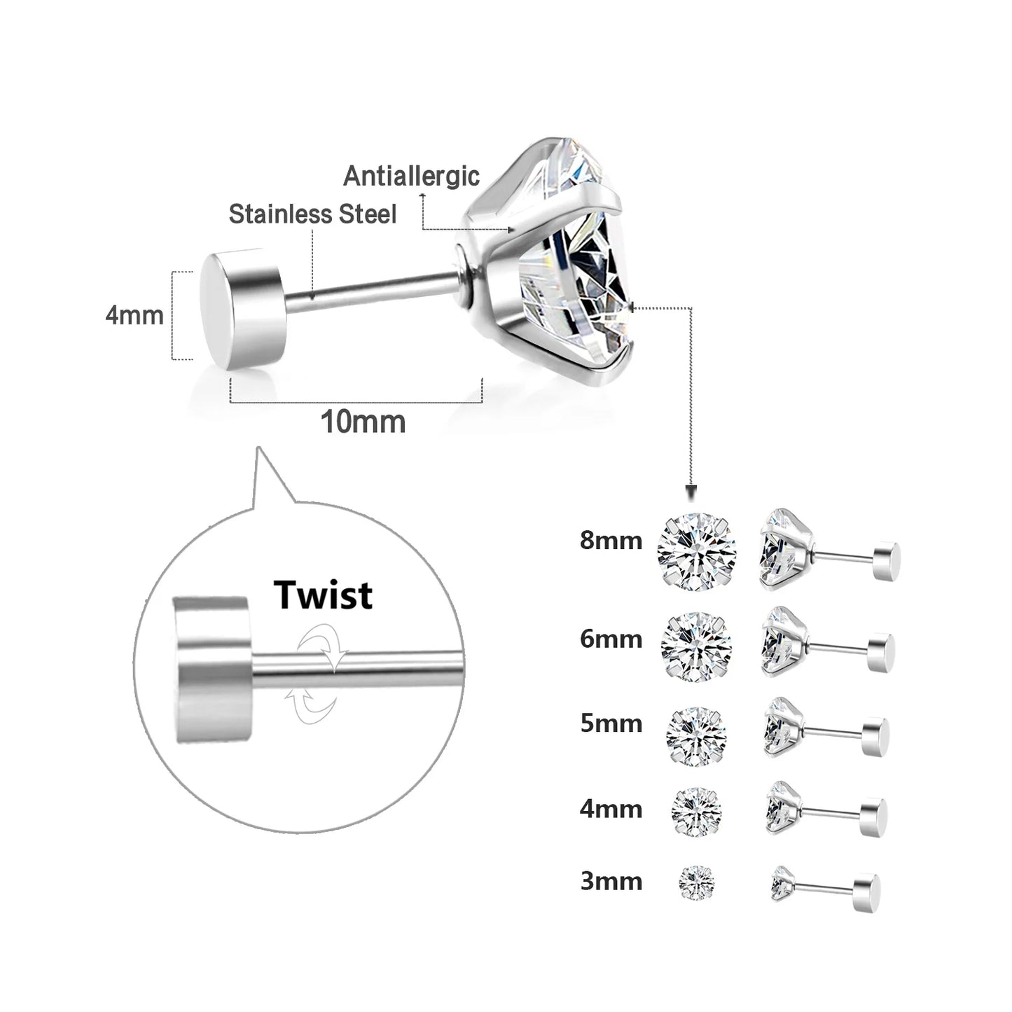 LUXUSTEEL Stainless Steel Crystal Stud Earrings –  4-Prong Cubic Zirconia Round Tragus Earrings for Women & Men