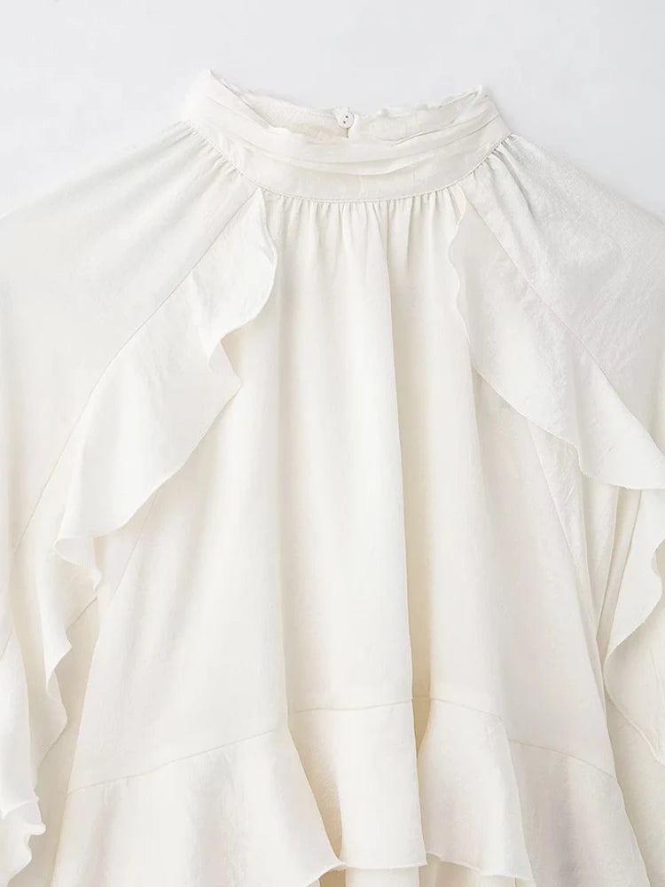 Women’s Long Sleeve Ruffled Blouse – Stand Collar Elegant Chic Fashion Shirt