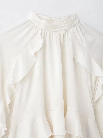 Women’s Long Sleeve Ruffled Blouse – Stand Collar Elegant Chic Fashion Shirt