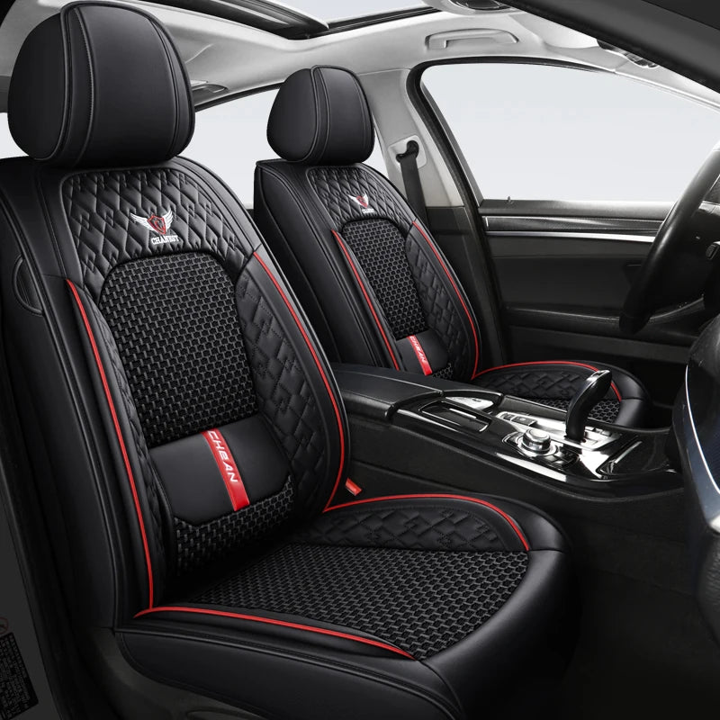 Universal 5-Seat Nappa Leather Car Seat Covers - Four-Season Ice Silk Cushion Set with Fixed Lumbar Support for Most Cars